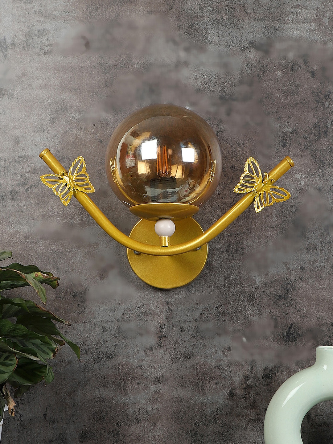 MFD HOME FURNISHING Beige Glass Shade Wall Mounted Lamp With Metal Base