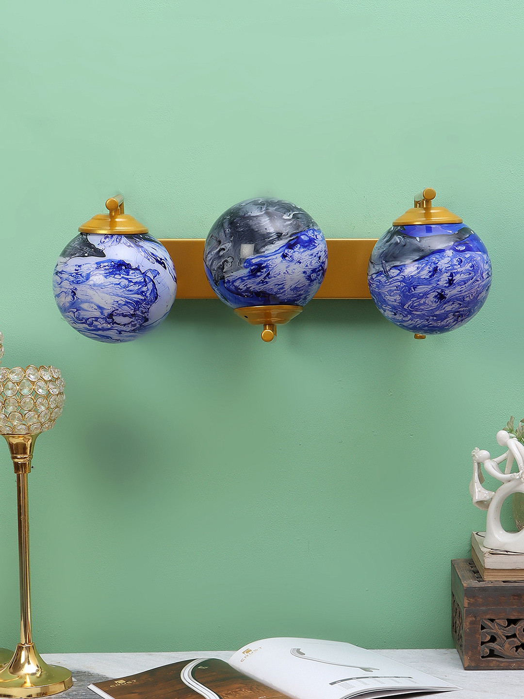 MFD HOME FURNISHING Beige & Blue 3D Design Glass Shade Wall Mounted Lamp With Metal Base