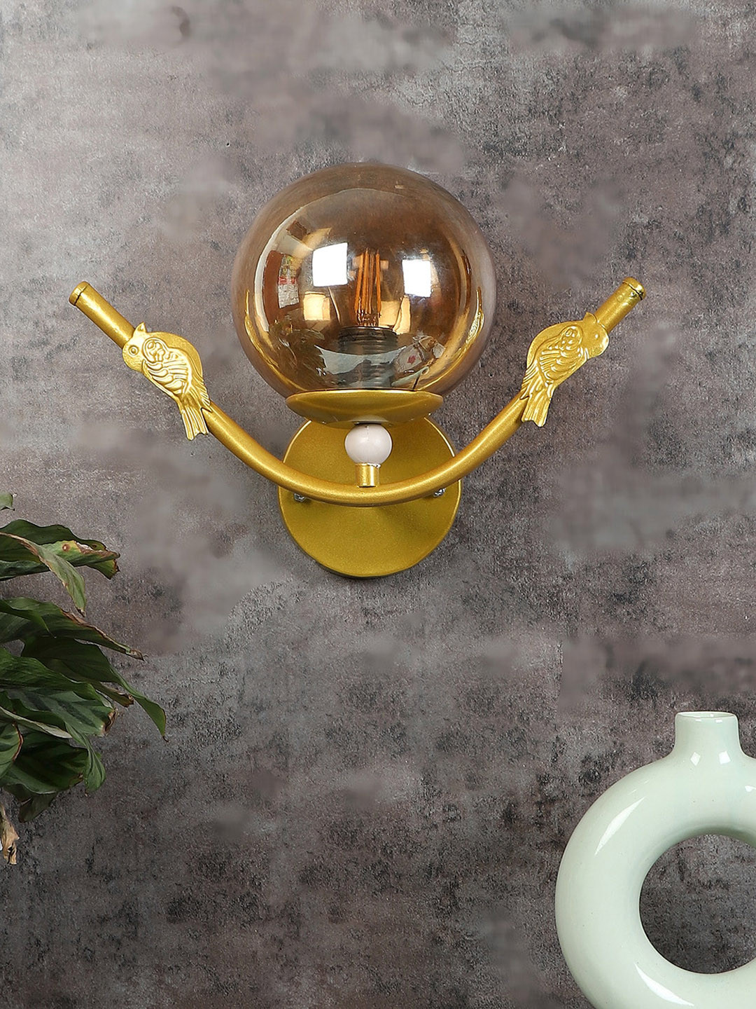 MFD HOME FURNISHING Gold Toned Glass Wall Lamp With Metal Base