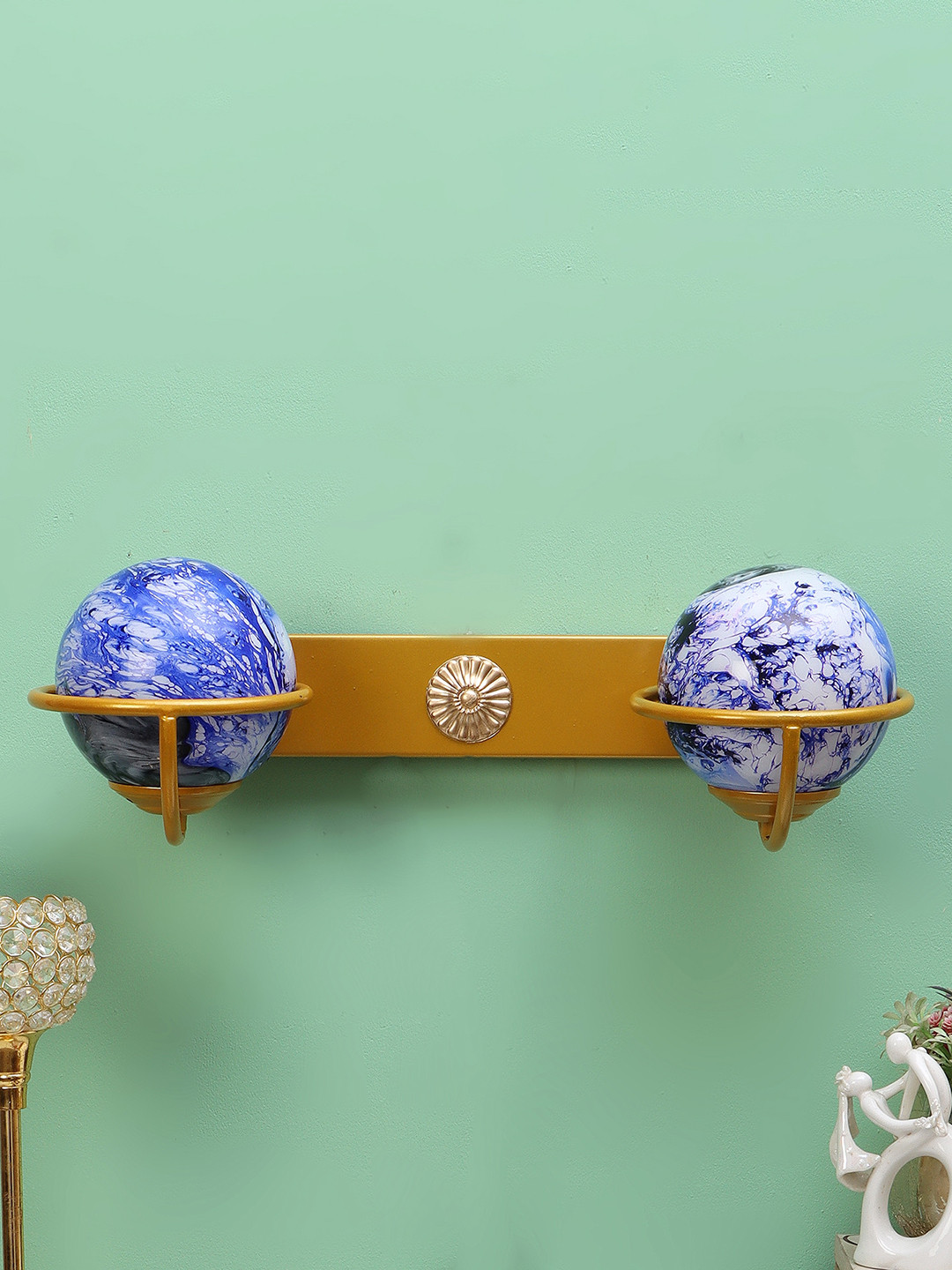 MFD HOME FURNISHING White & Blue Printed Table Lamp With Metal Base