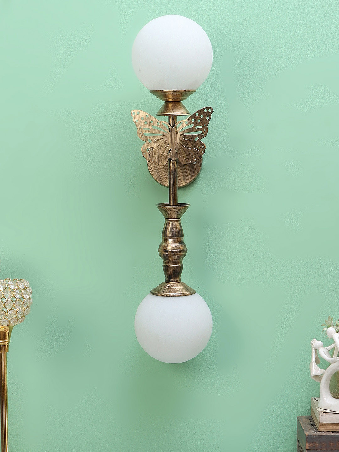 MFD HOME FURNISHING Gold Toned White Glass Wall Lamp With Metal Base