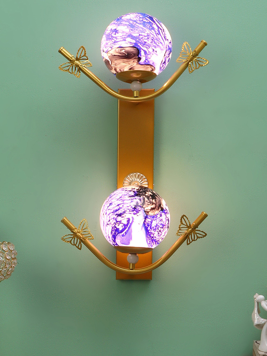 MFD HOME FURNISHING Gold Toned & Blue Printed Glass Wall Lamp With Metal Base