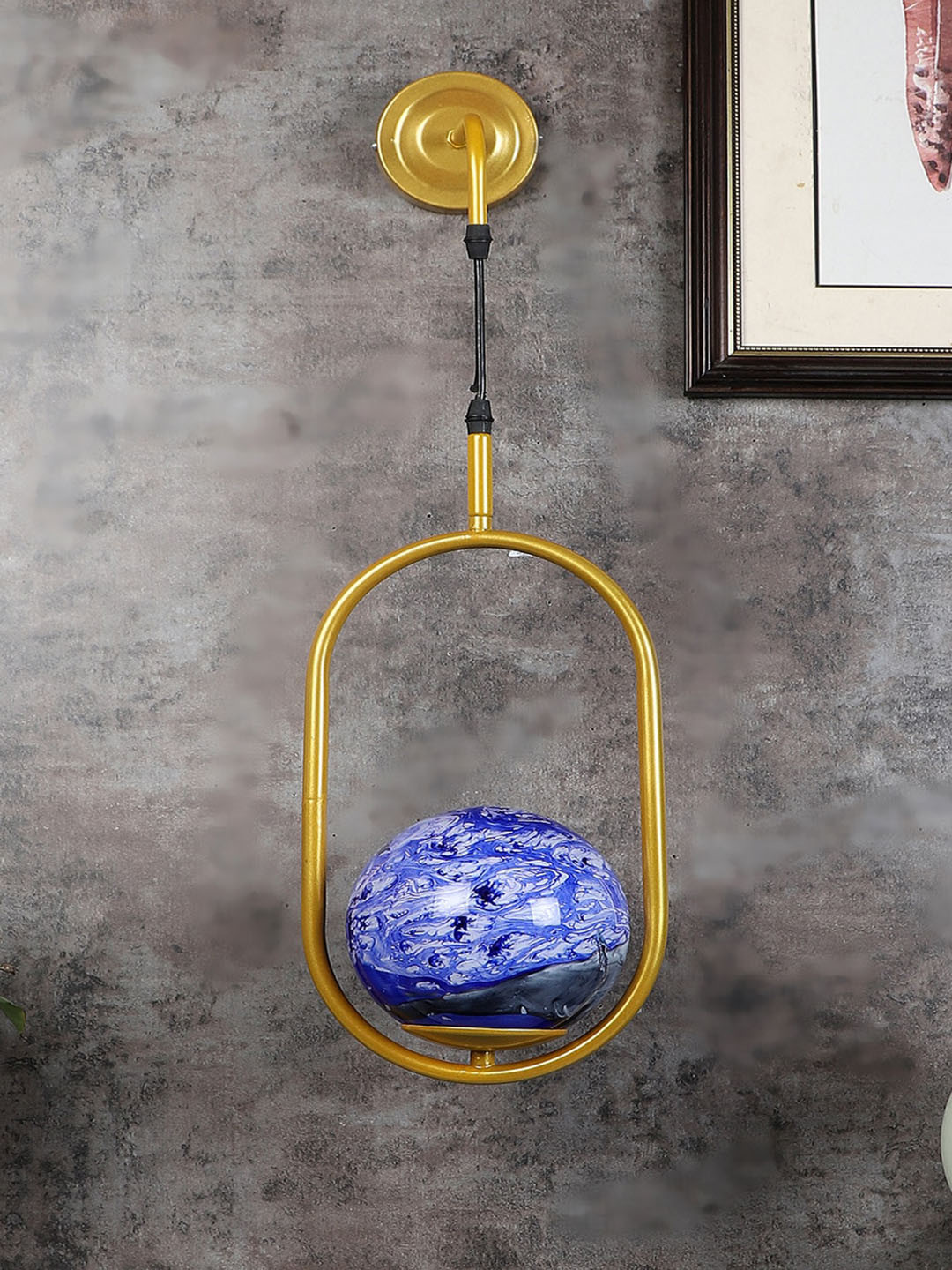 MFD HOME FURNISHING Gold Toned & Blue Printed Glass Wall Lamp With Metal Base