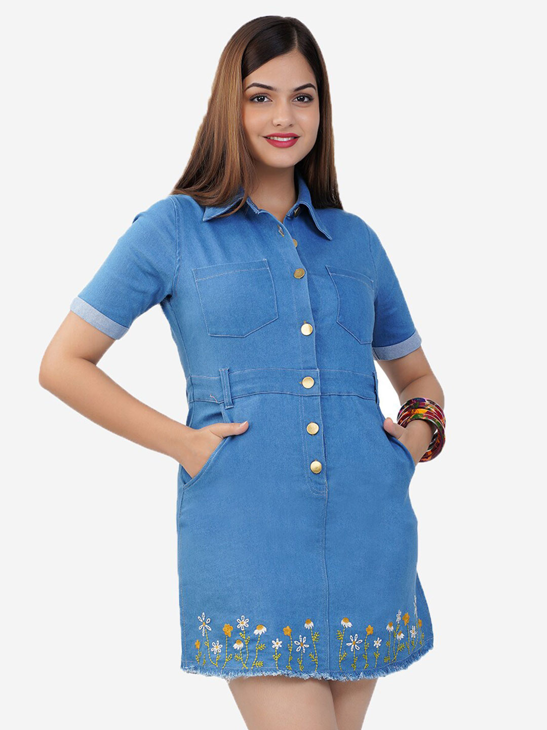 SUMAVI-FASHION Floral Embroidered Cotton Denim A-Line Mini Dress