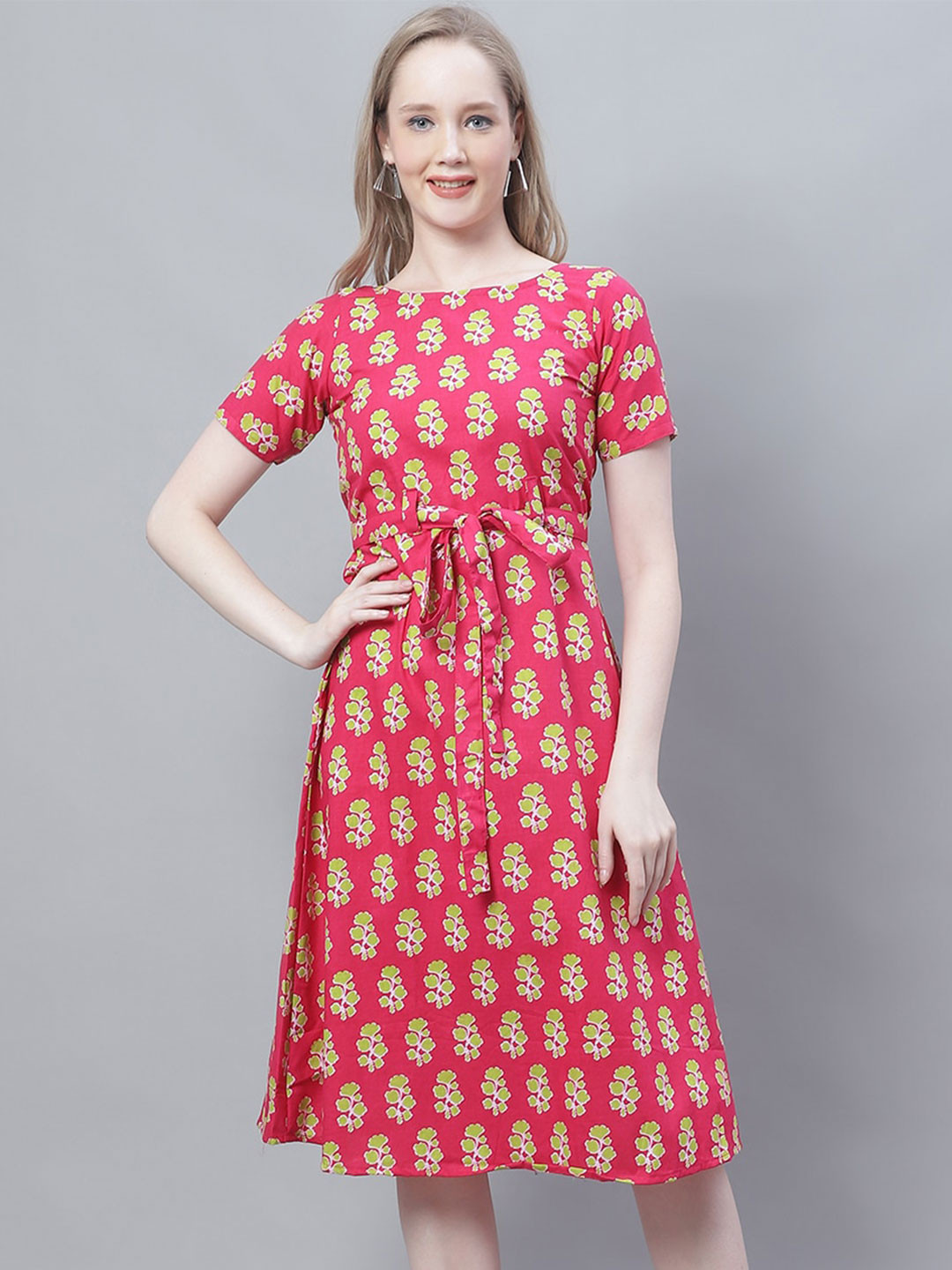 Enchanted Drapes Floral Printed Pure Cotton A-Line Midi Dress