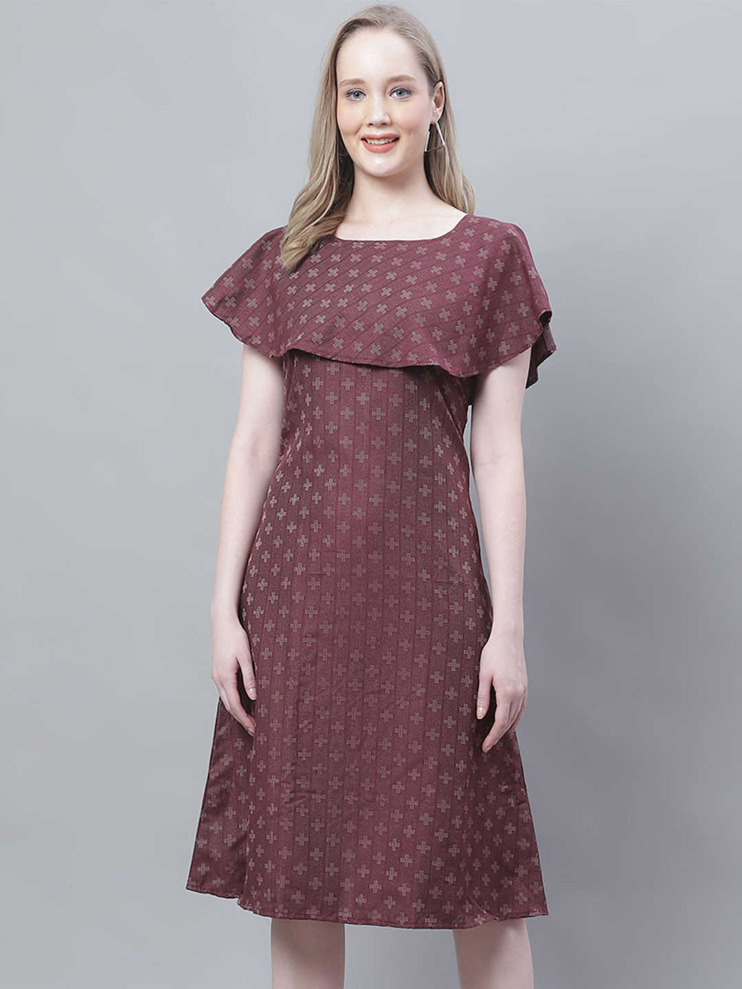 Enchanted Drapes Checked Flared Sleeve Fit & Flare Midi Dress