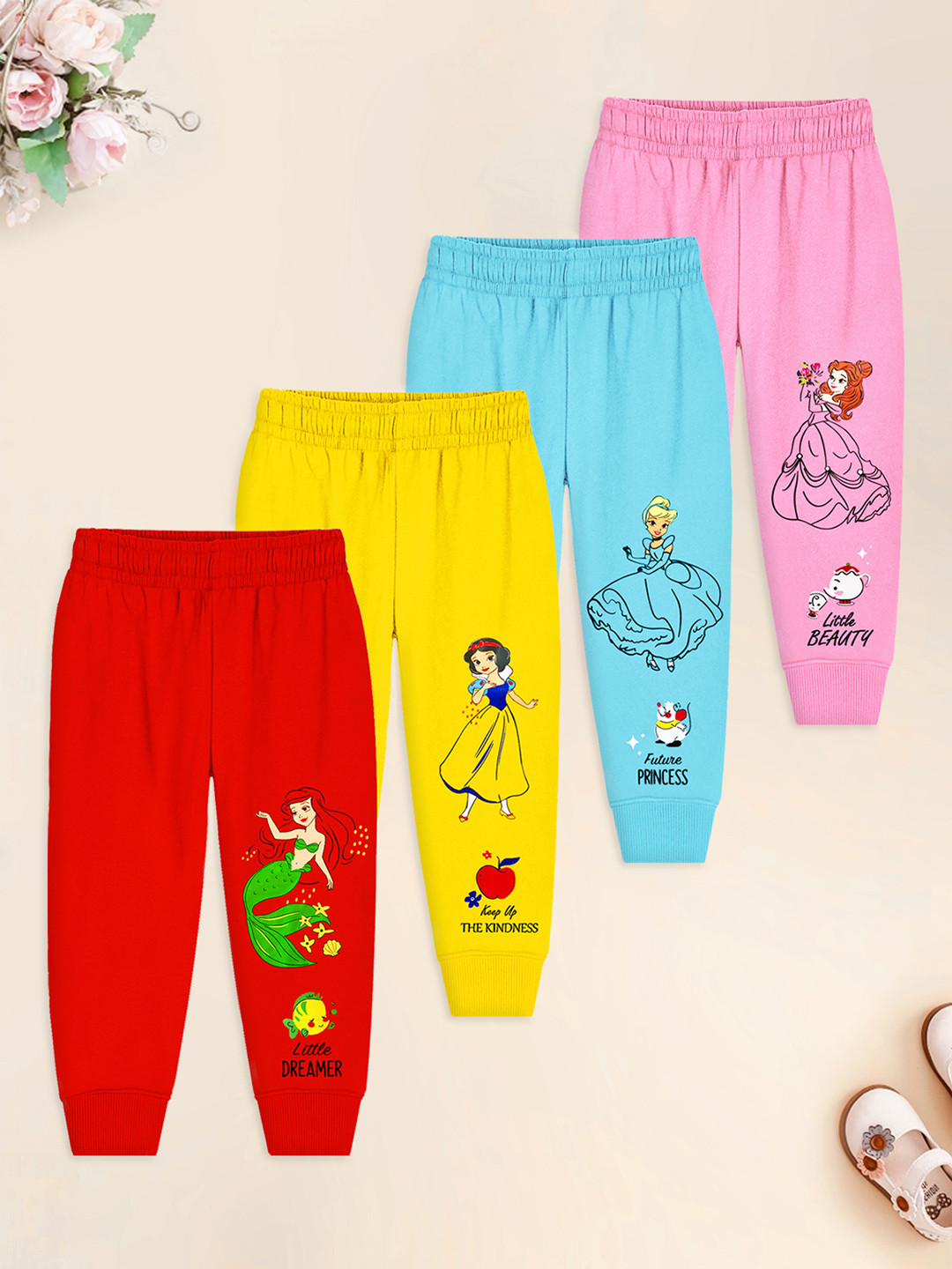 YK Disney Girls Pack of 4 Disney Princess Printed Joggers