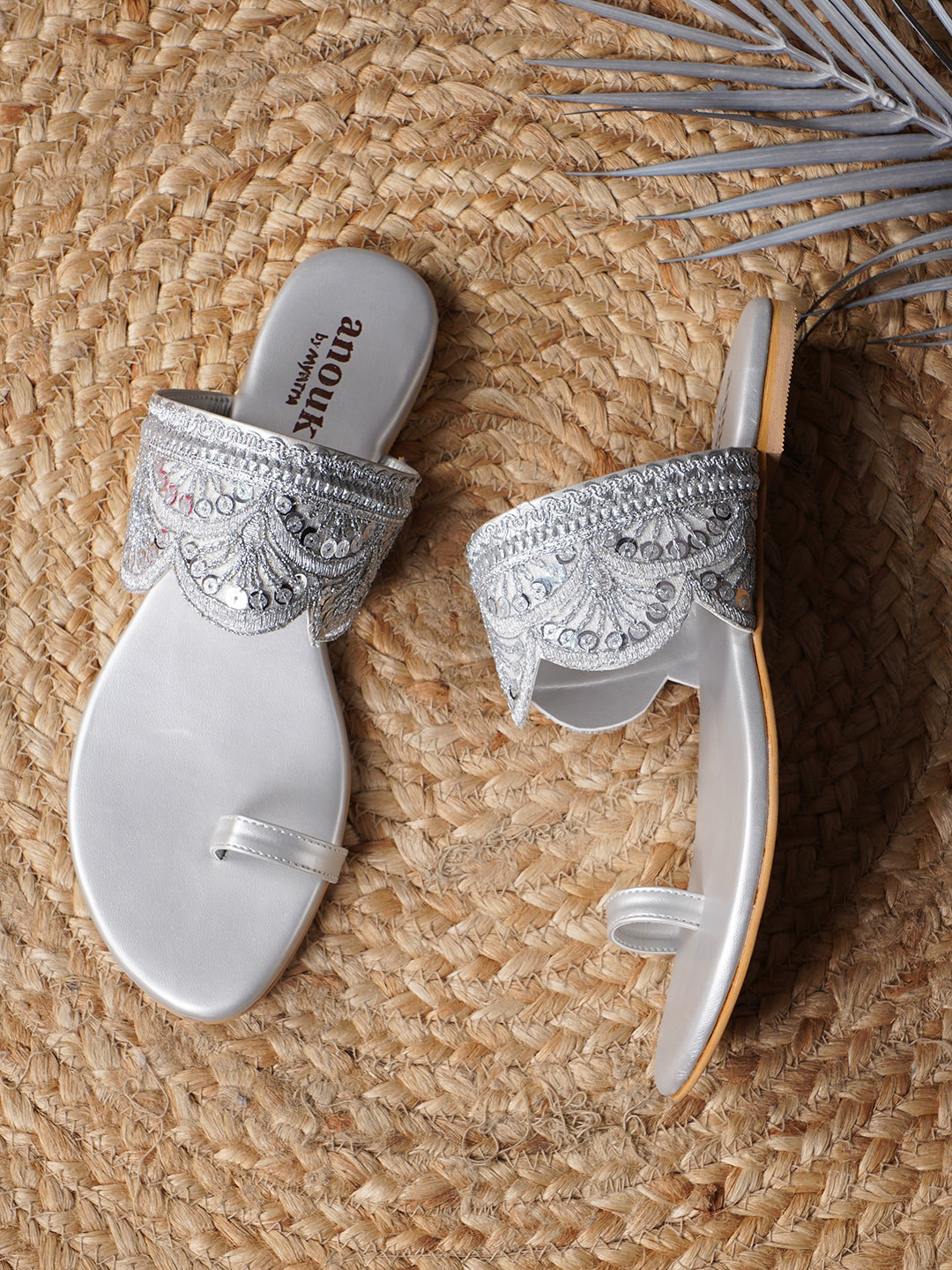 Anouk Silver Toned Ethnic Embellished Fabric Open One Toe Flats