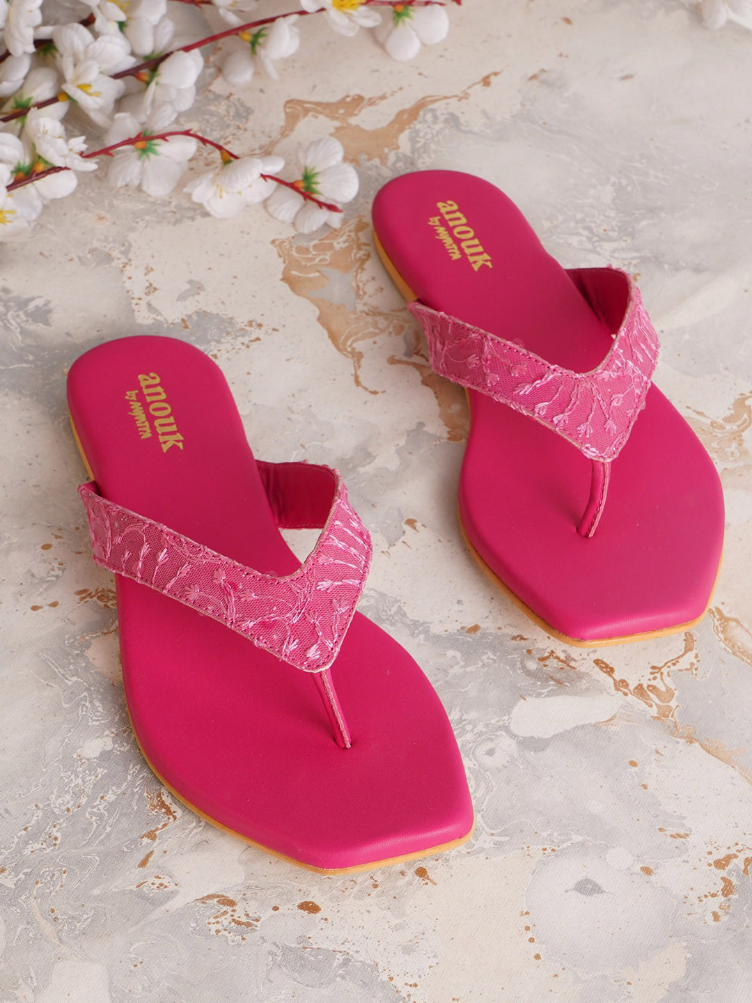 Anouk Fuchsia Embroidered Fabric Open Toe Flats