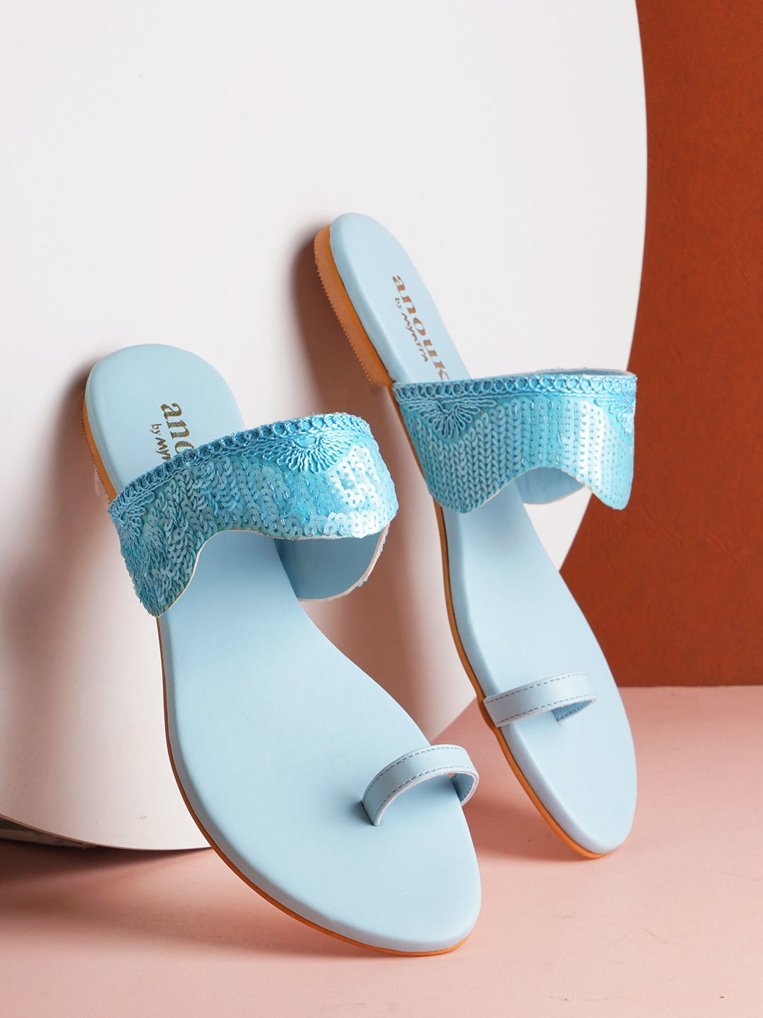 Anouk Turquoise Blue Embellished Fabric Open One Toe Flats
