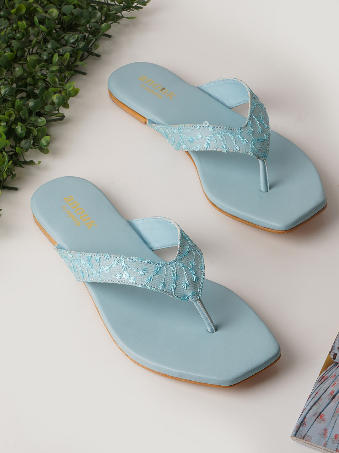 Anouk Turquoise Blue Embellished Embroidered Fabric Open Toe Flats