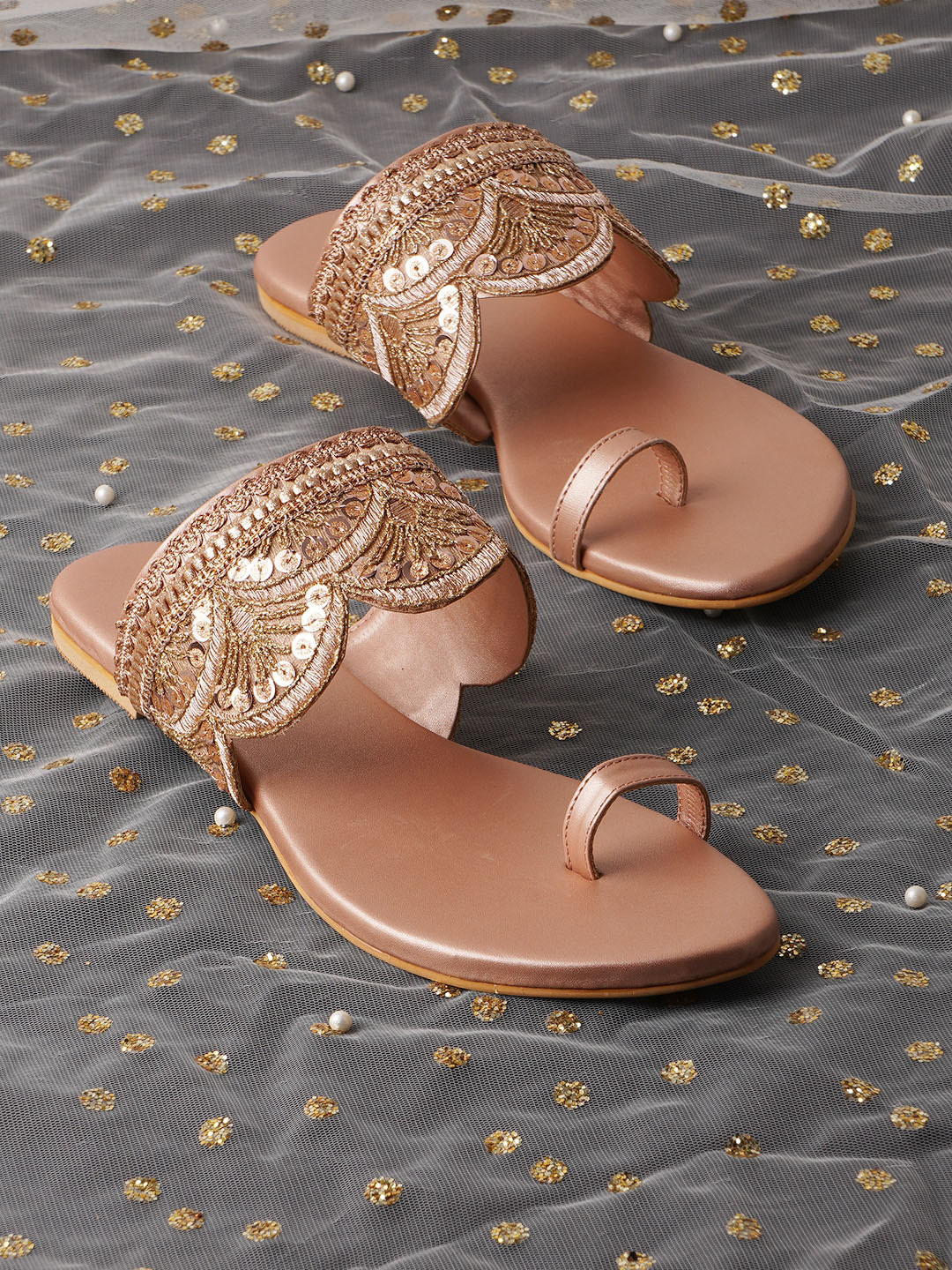 Anouk Rose Embellished Fabric Open One Toe Flats
