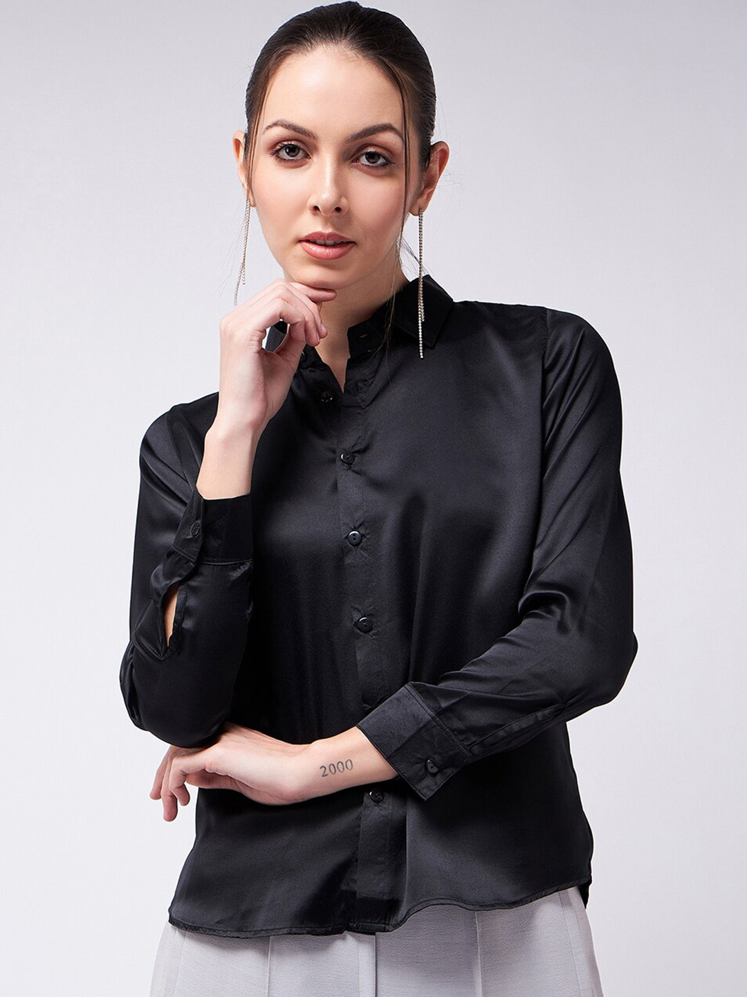 COLOR CAPITAL Spread Collar Satin Casual Shirt