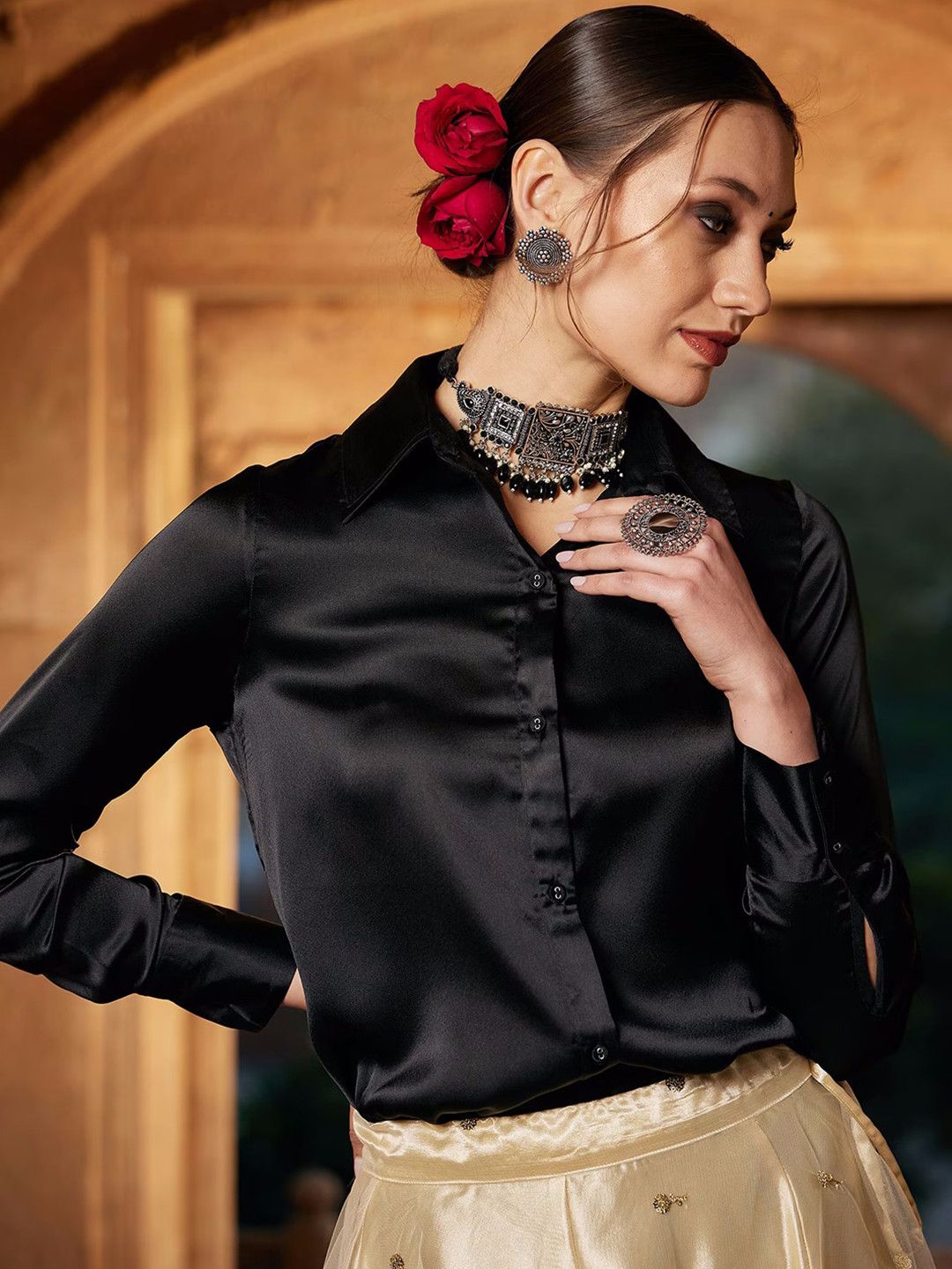COLOR CAPITAL Cuffed Sleeves Satin Shirt Style Top