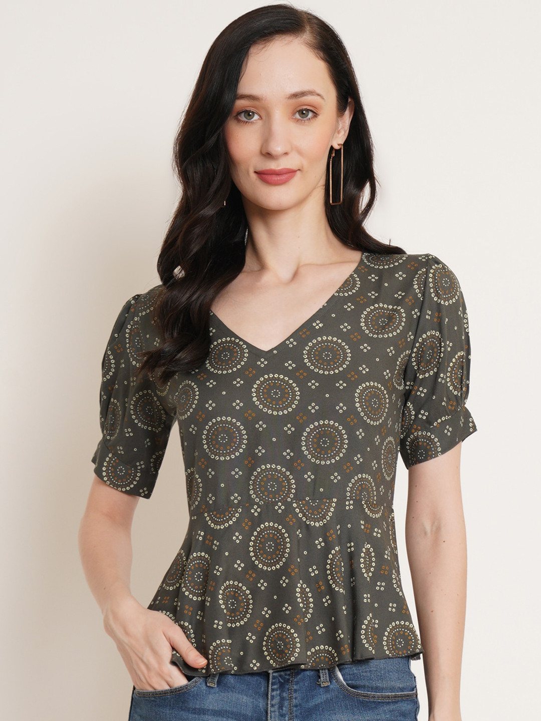 U&F Grey & wenge Print Puff Sleeve Top