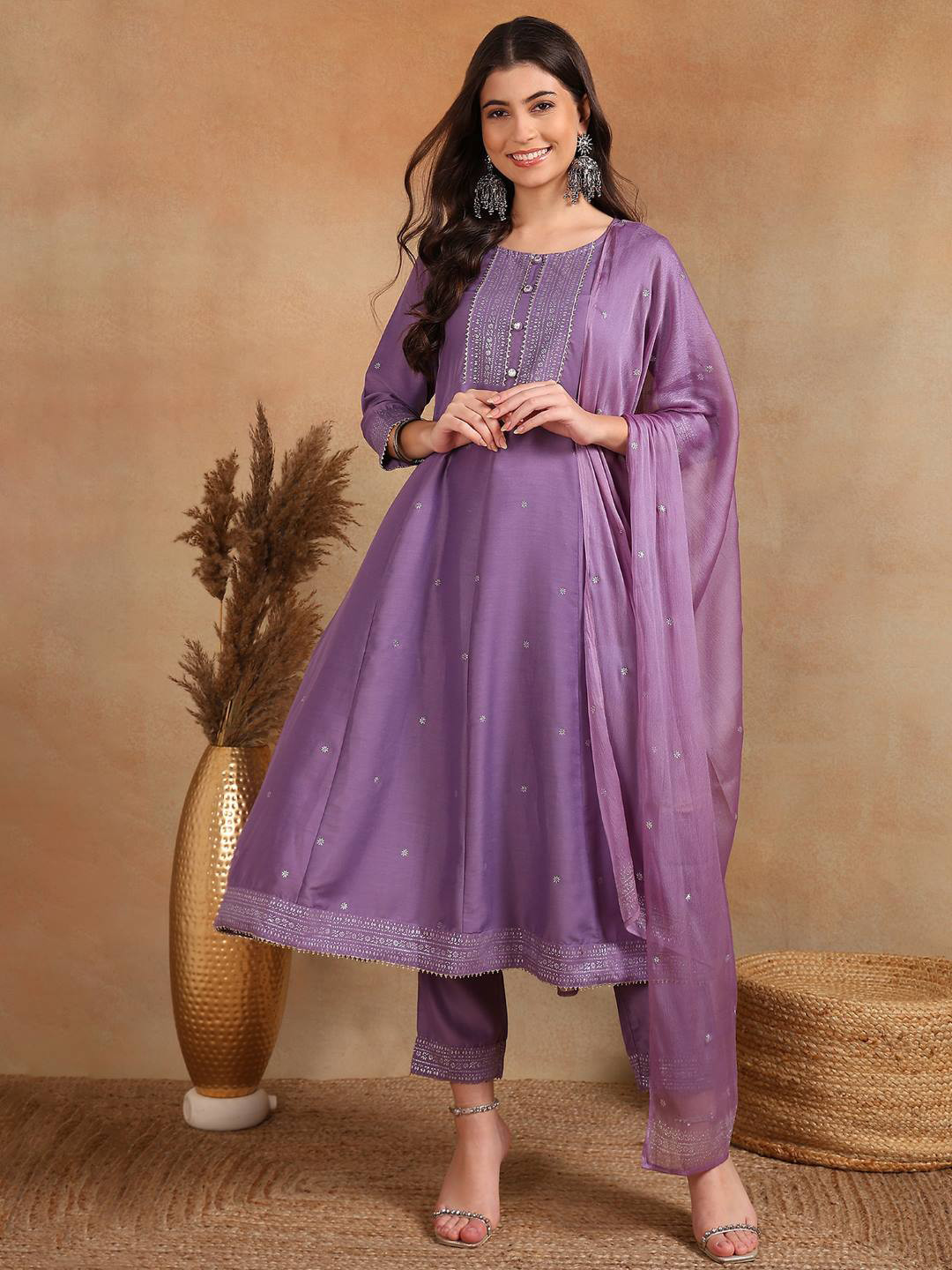 AHIKA Lavender Ethnic Foil Printed Gotta Patti Anarkali Kurta with Trousers & Dupatta