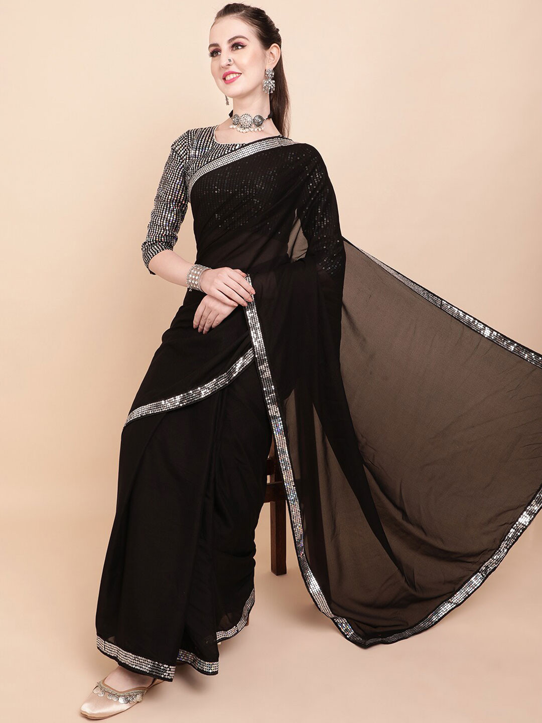 Sangria Black & Silver Sequined Border Saree