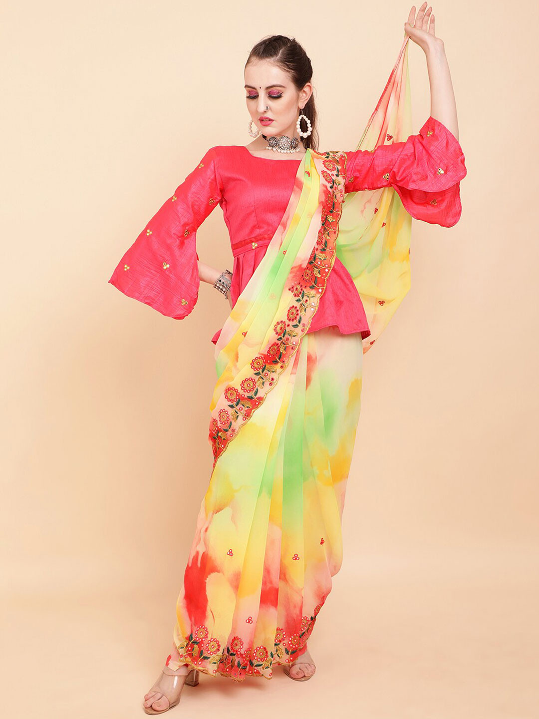 Sangria Mustard & Red Batik Printed Embroidered Holi Saree