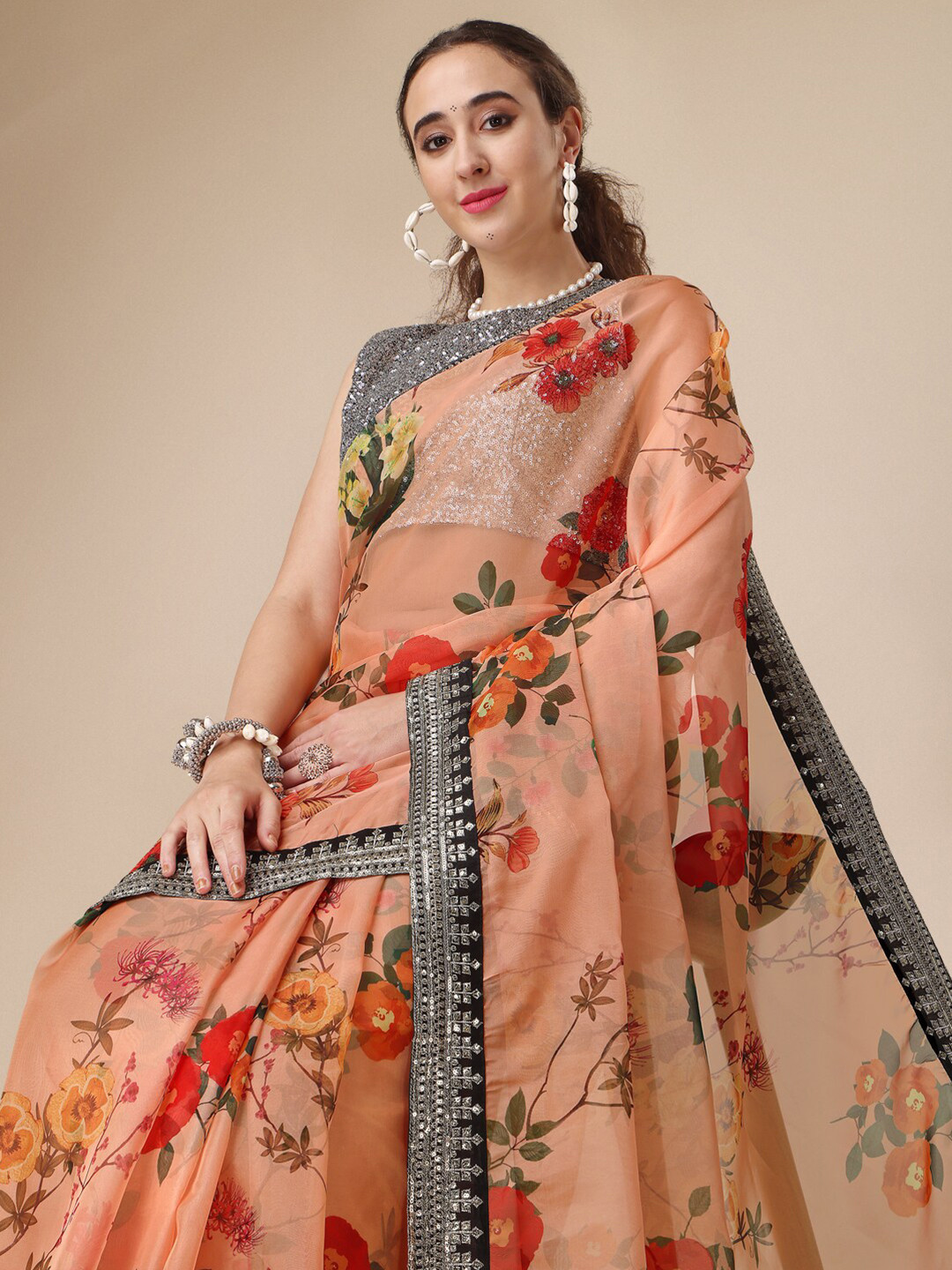 Sangria Nude & Pink Floral Printed Embellished Organza Saree