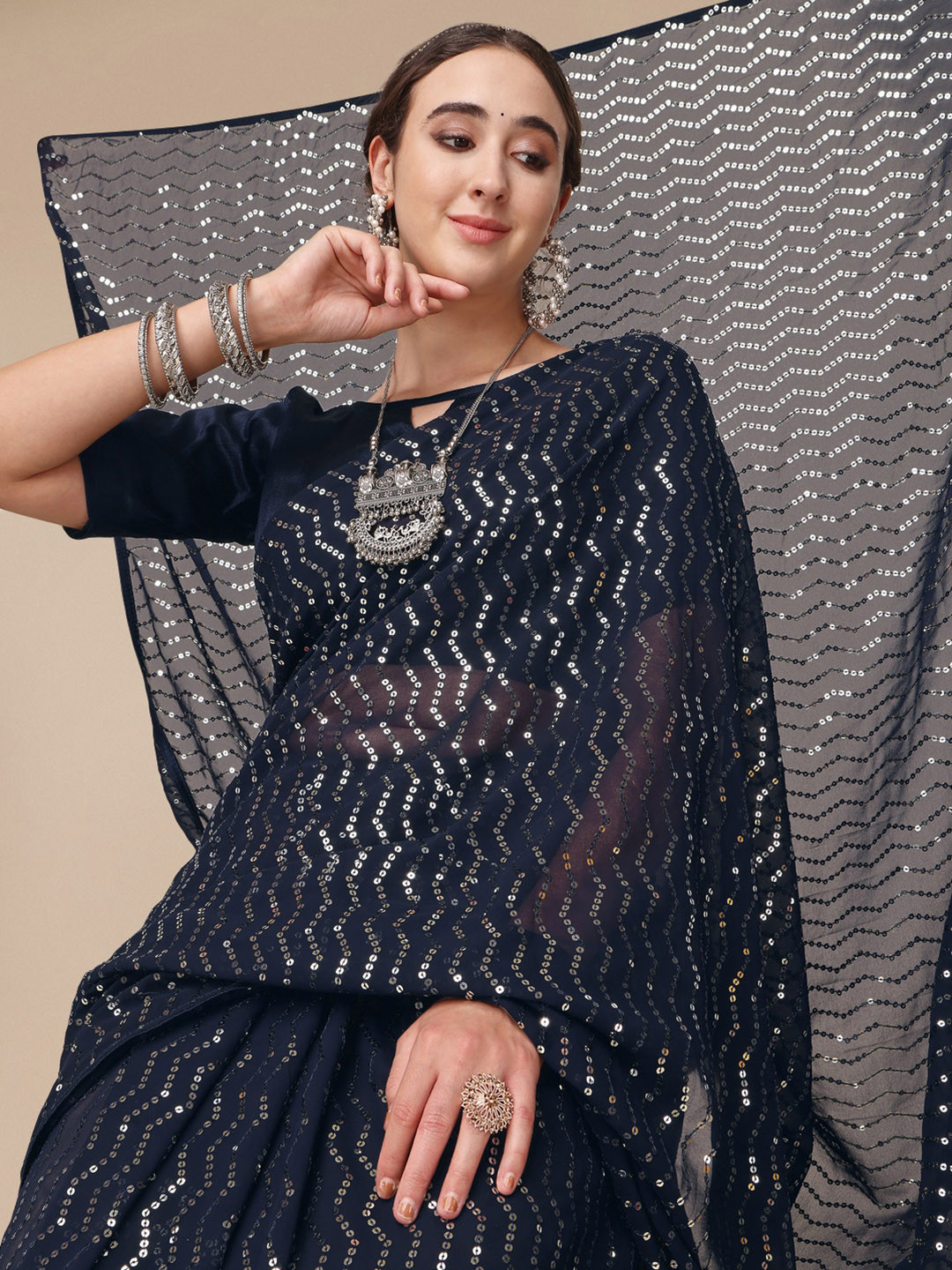 Sangria Navy Blue Sequin Embellished Pure Georgette Saree
