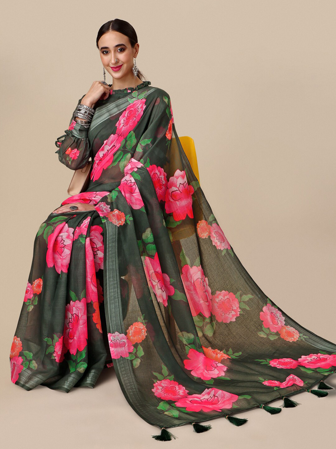 Sangria Olive & Pink Floral Printed Embellished Pure Linen Saree