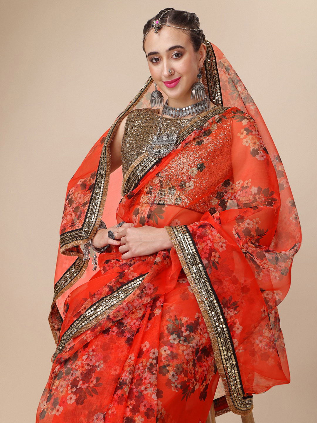 Sangria Floral Printed Organza Saree