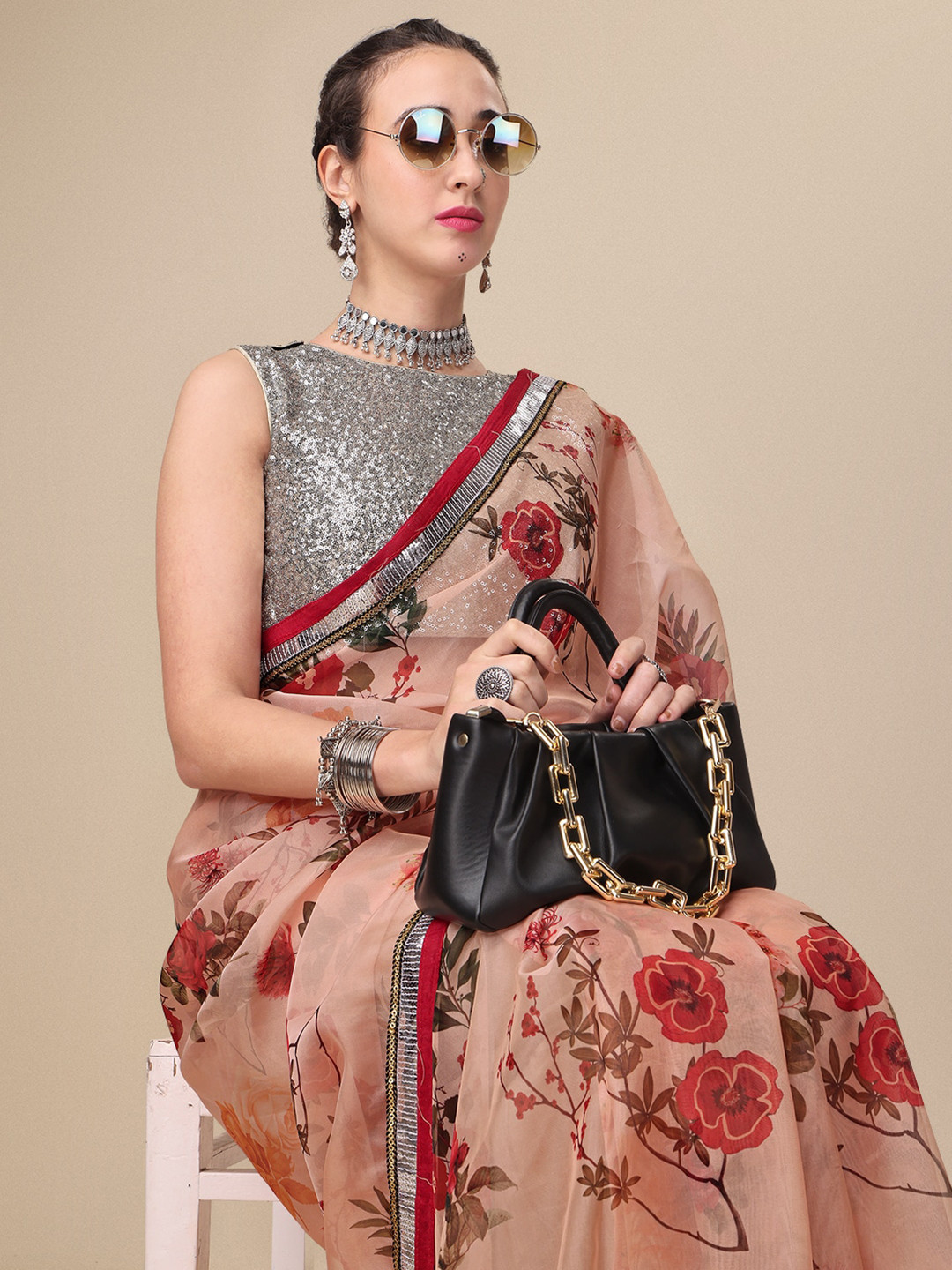 Sangria Nude & Red Floral Printed Organza Embellished Saree