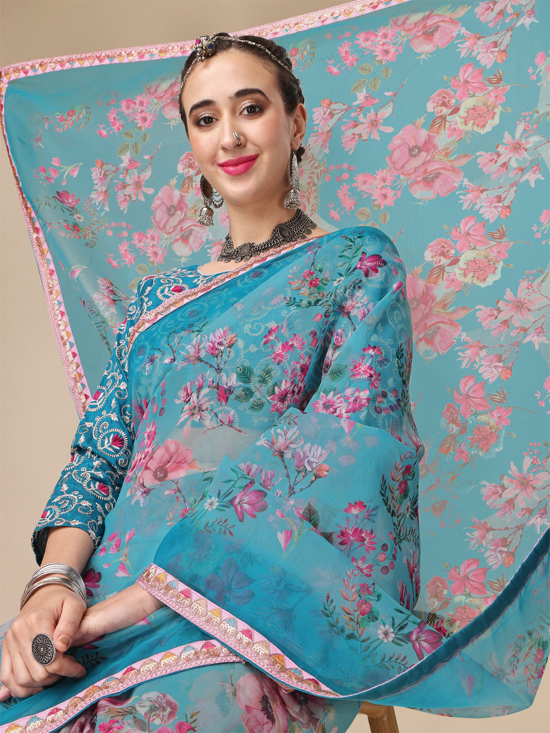 Sangria Turquoise Blue Floral Printed Embellished Organza Saree