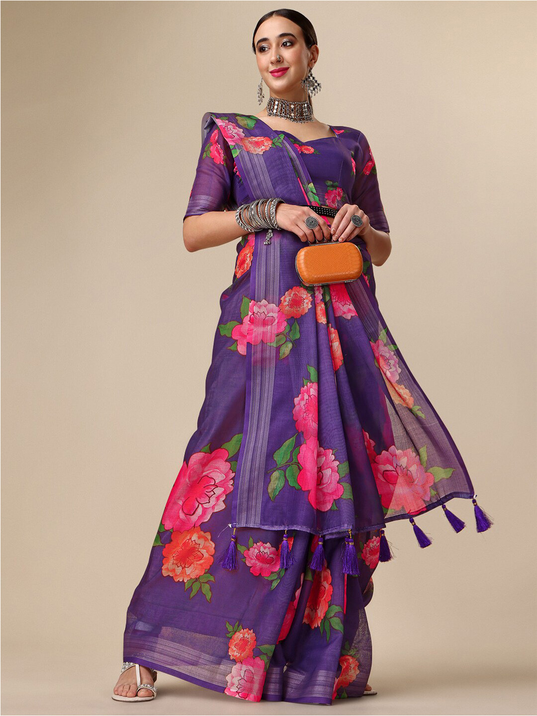 Sangria Purple & Pink Floral Printed Pure Linen Saree