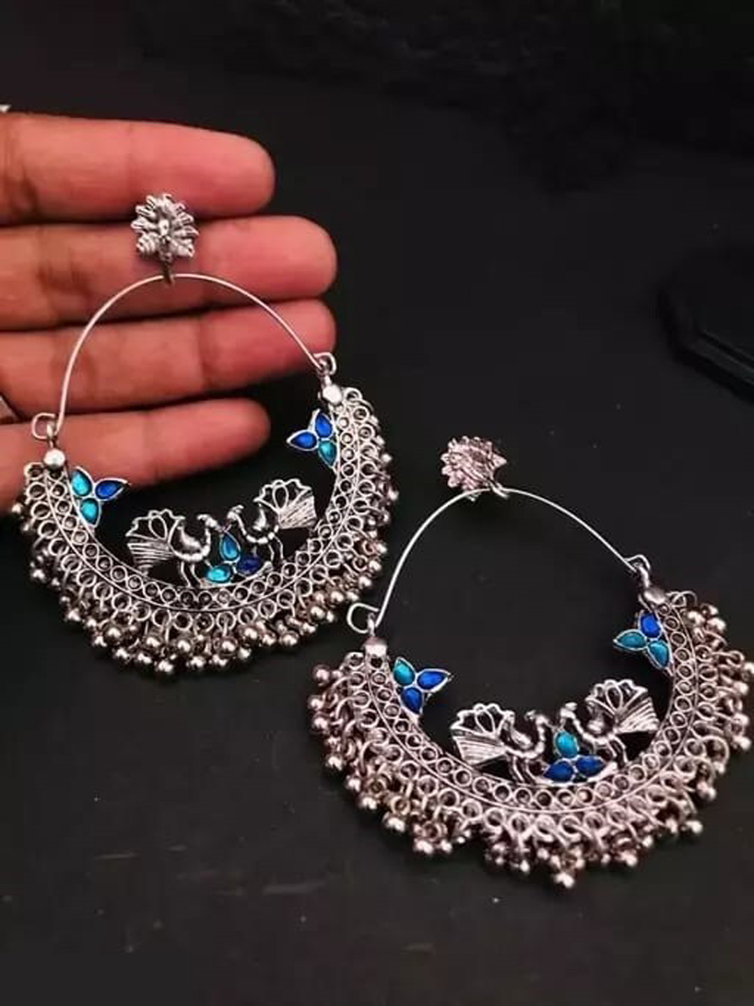 Samridhi DC Silver-Plated Oxidised Contemporary Chandbalis Earrings