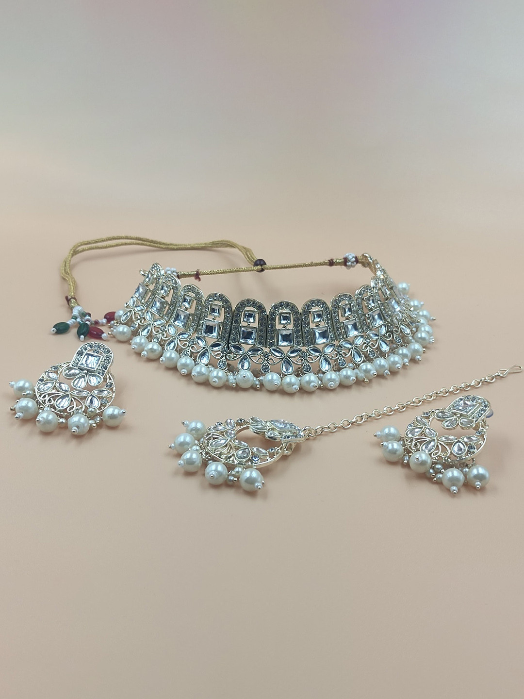 Rhymee Gold-Plated Kundan-Studded Beaded Choker Jewellery Set