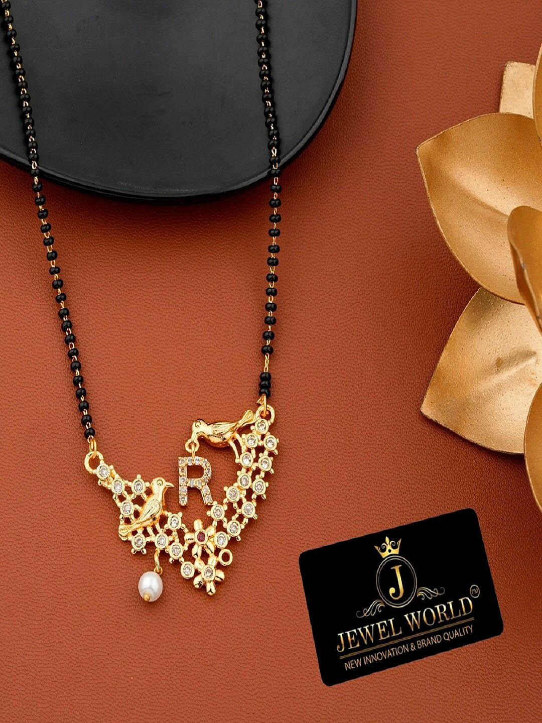 JEWEL WORLD Gold-Plated Stone-Studded & Alphabet R Charm Mangalsutra