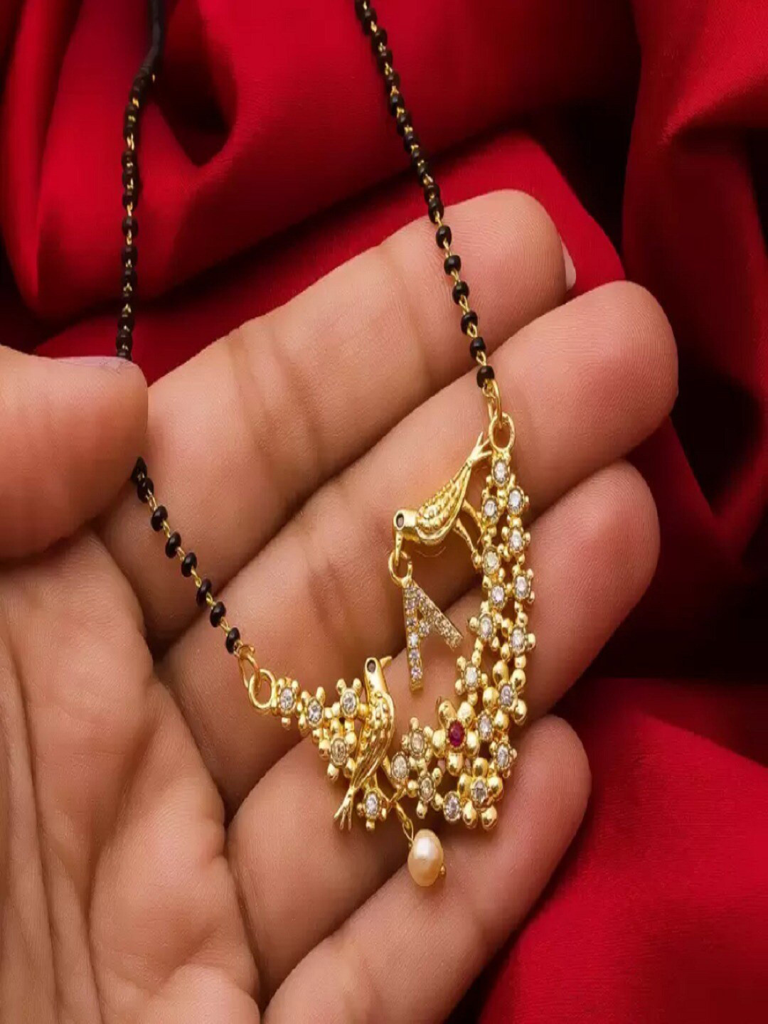 JEWEL WORLD Gold-Plated Stone-Studded & Alphabet A Charm Mangalsutra