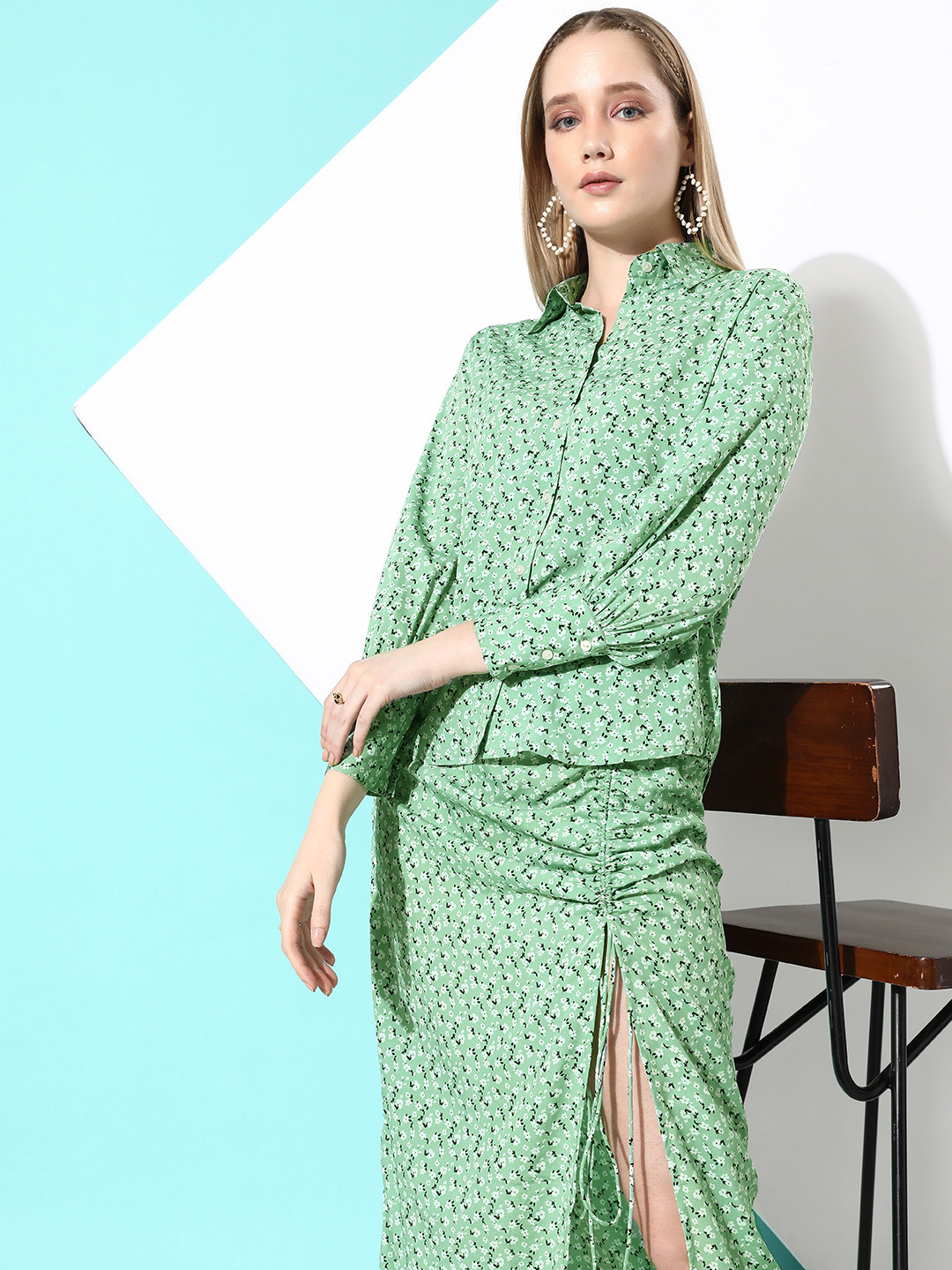 ANVI Be Yourself Floral Printed String Up Skirt with Shirt