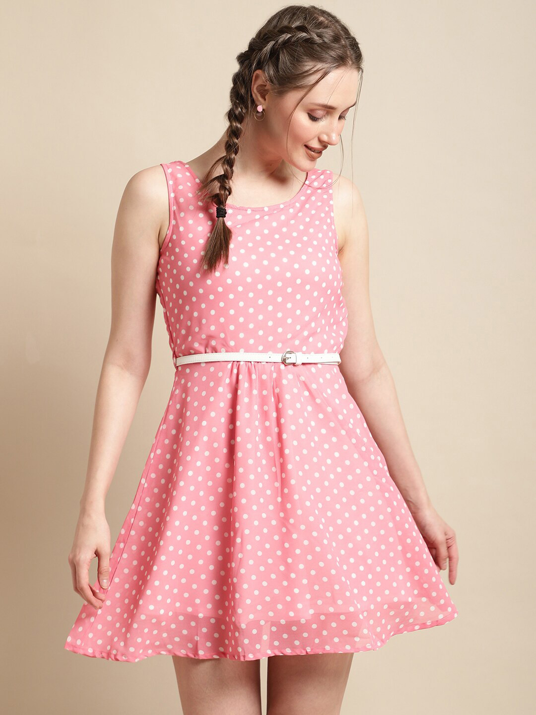 La Zoire Polka Dot Print Georgette Fit & Flare Dress