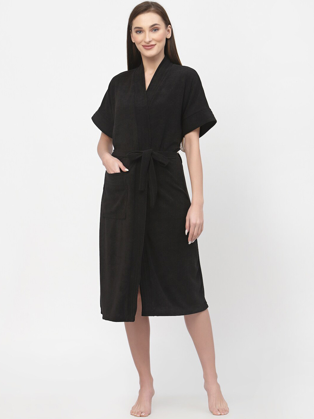 POORAK Black Solid Cotton Drawstring Knee Length Bath Robe