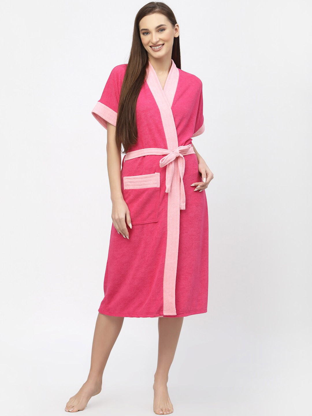 POORAK Pink Solid Cotton Drawstring Knee Length Bath Robe