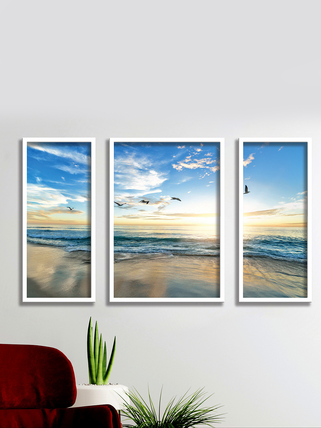 SAF Blue & White 3 Pieces Sea & Waves Painted UV Coating Wall At