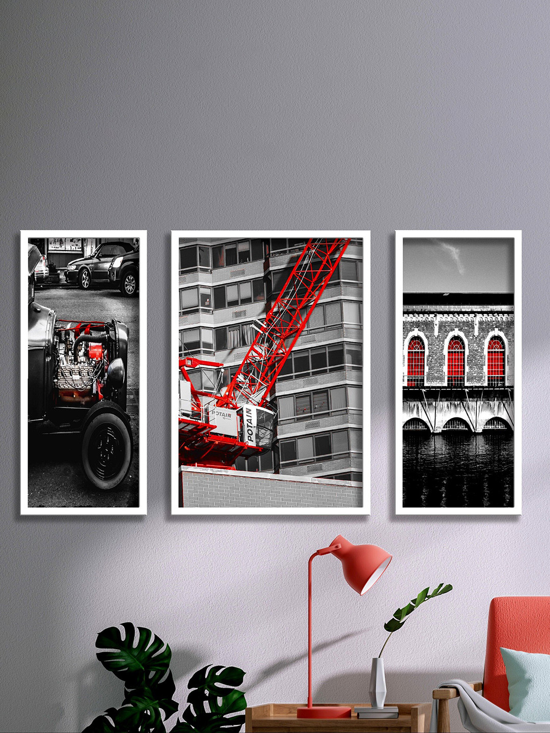 SAF Black & Red 3 Pieces Crane Painting UV Coating Wall Art