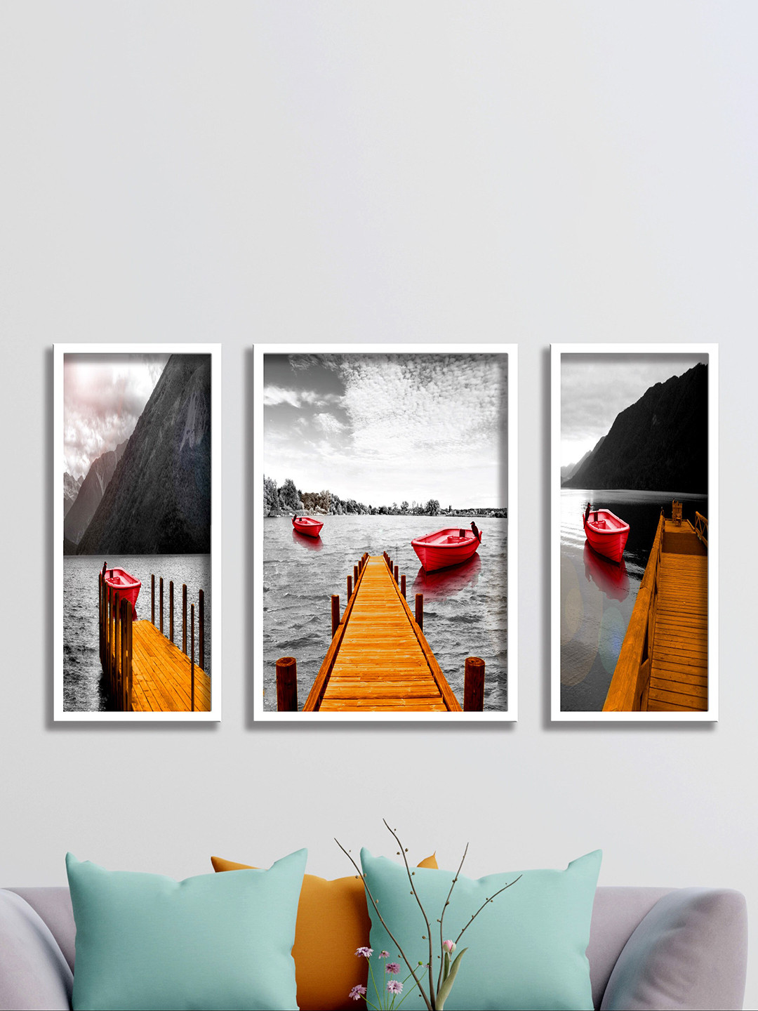 SAF Water Bridge & Boat Canvas 3 Piece Wall Rectangle Paintings Wall Art