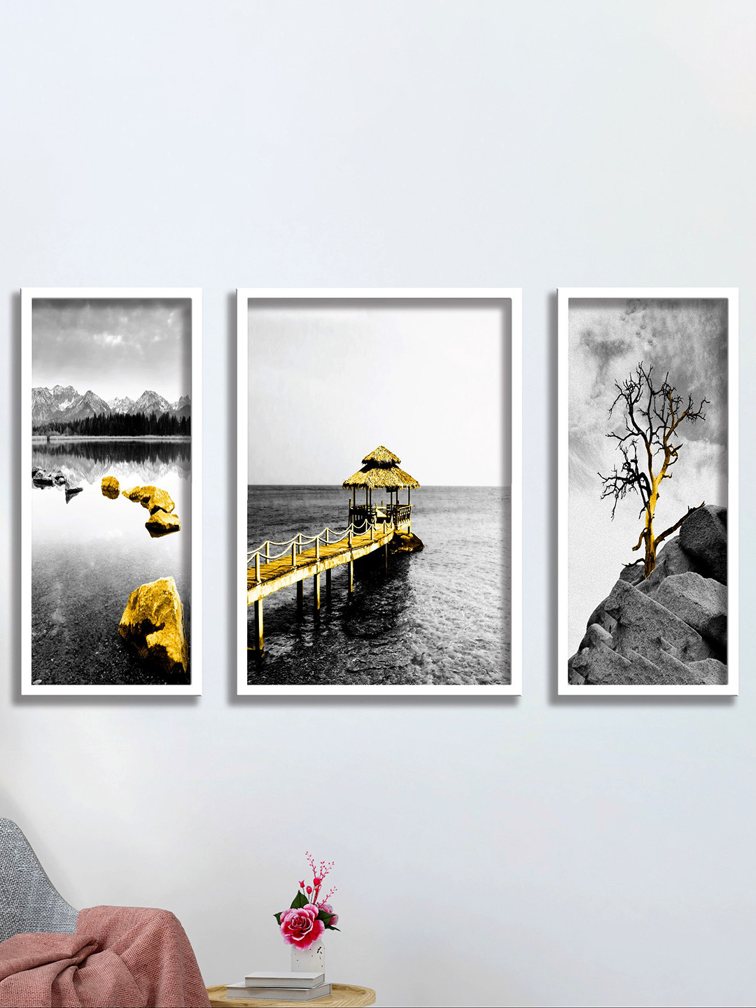 SAF Water Bridge Wood 3 Piece Wall Rectangle Paintings Wall Art