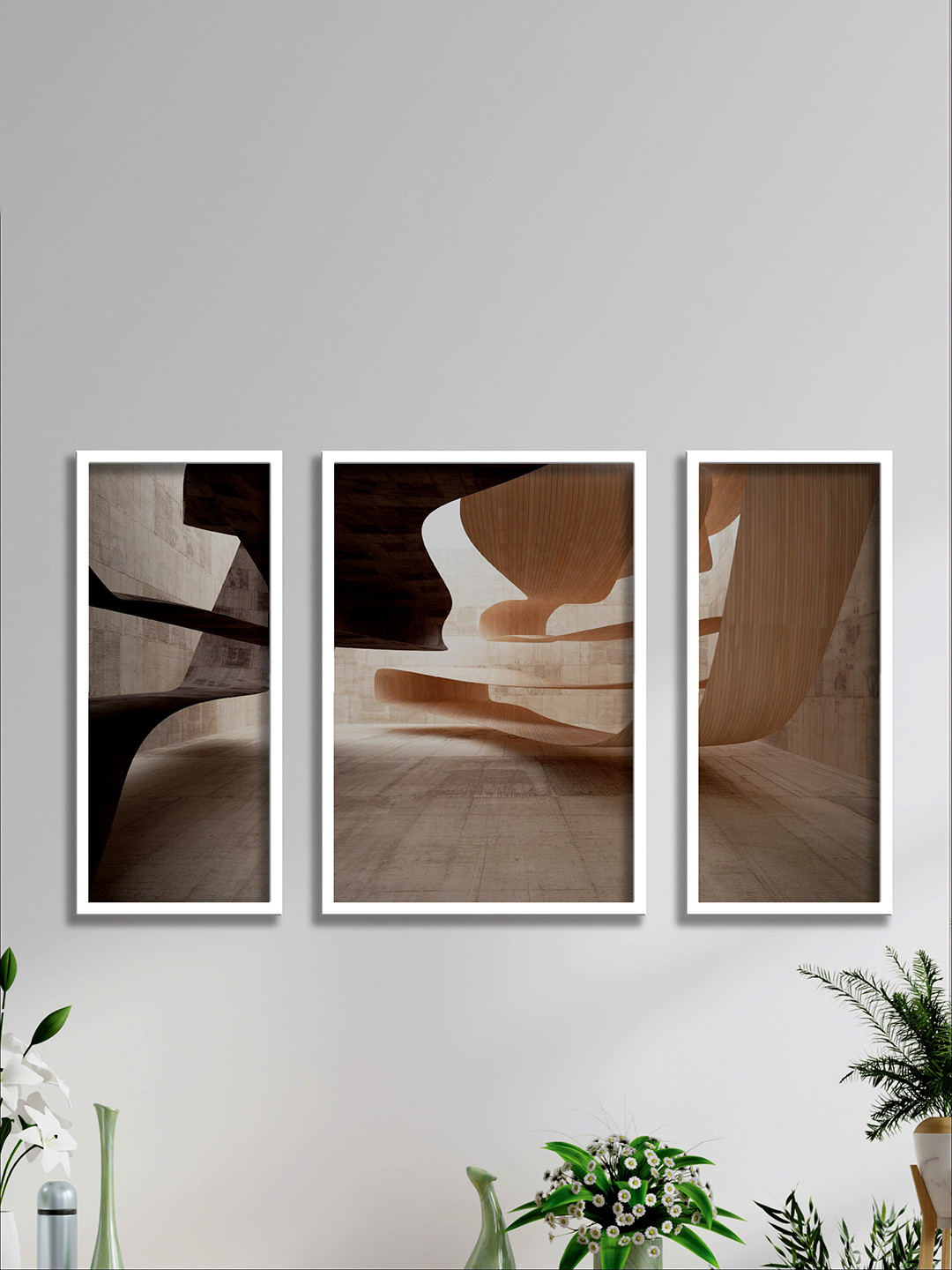 SAF Beige & Brown 3 Pieces Asthetic Painted UV Coating Wall Art