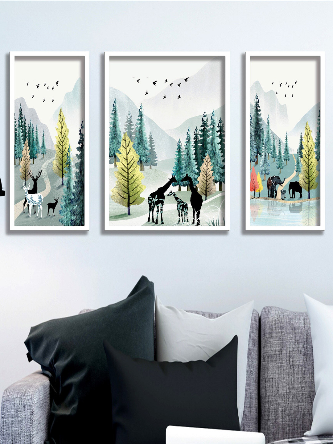 SAF White & Green 3 Pieces Tropical Tree & Deer Painted UV Coating Wall Art