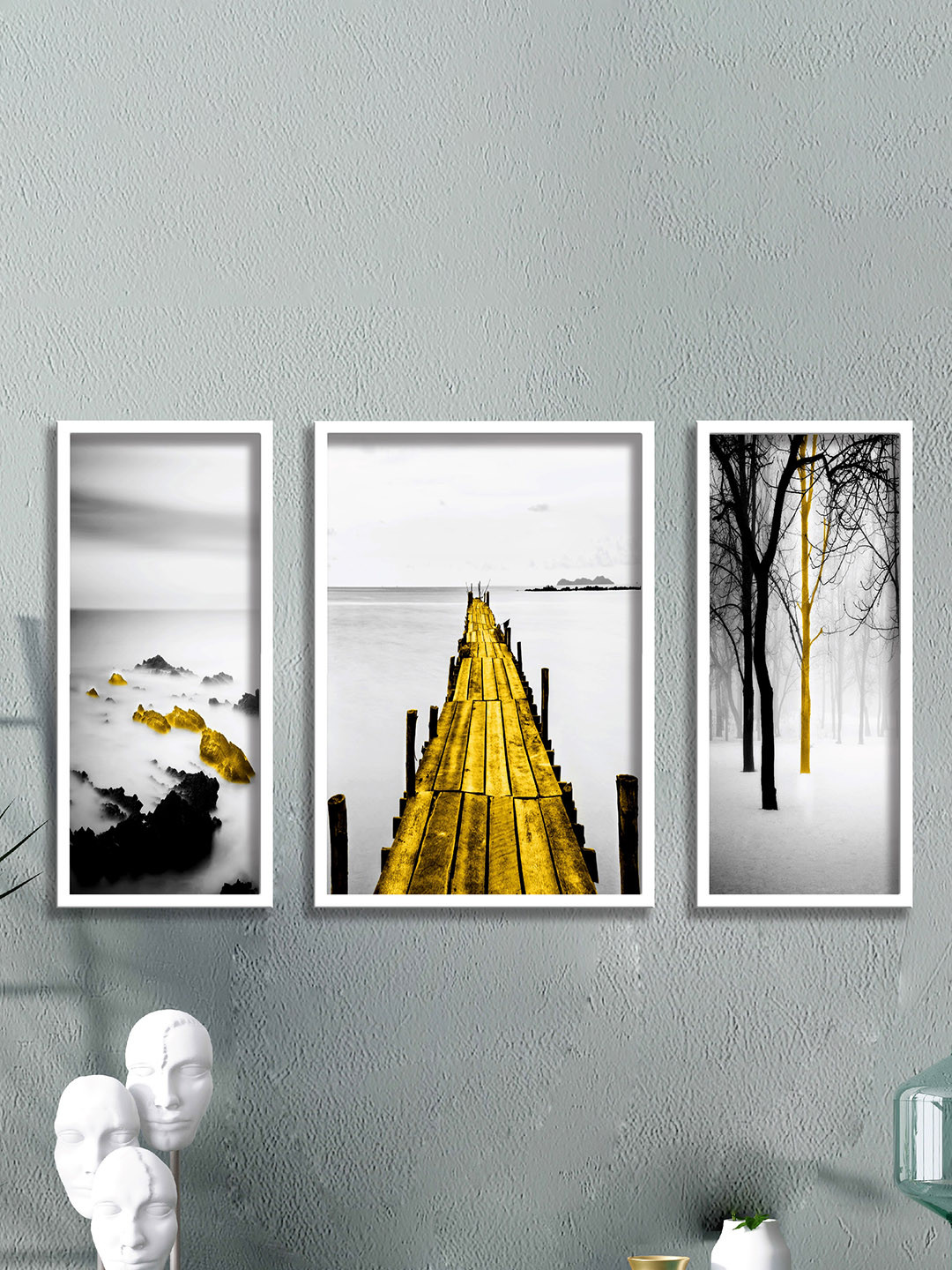 SAF Grey & Black 3 Pieces Water Bridge and Tree Painted UV Coating Wall Art