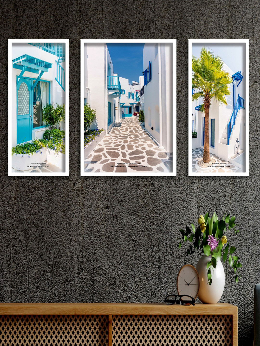 SAF White & Blue 3 Pieces Beautiful Buildings Painted UV Coating Wall Art