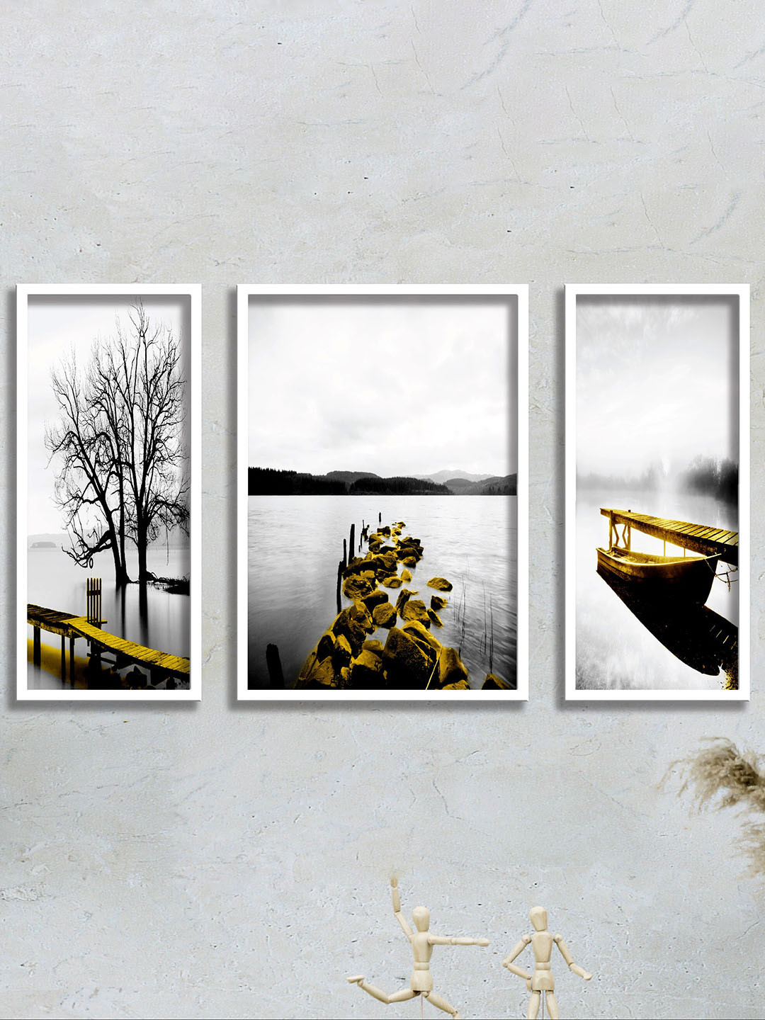 SAF 3 Pieces Grey & Black Water Bridge And Tree Painting UV Coating Wall Art