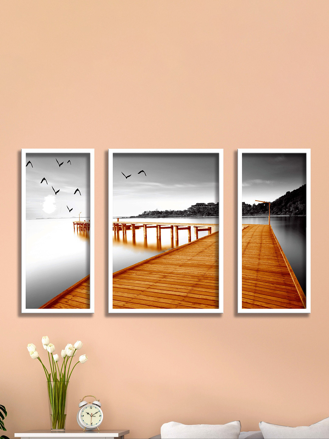SAF 3 Pieces Grey & Tan Brown Water Bridge & Birds Painting UV Coating Wall Art