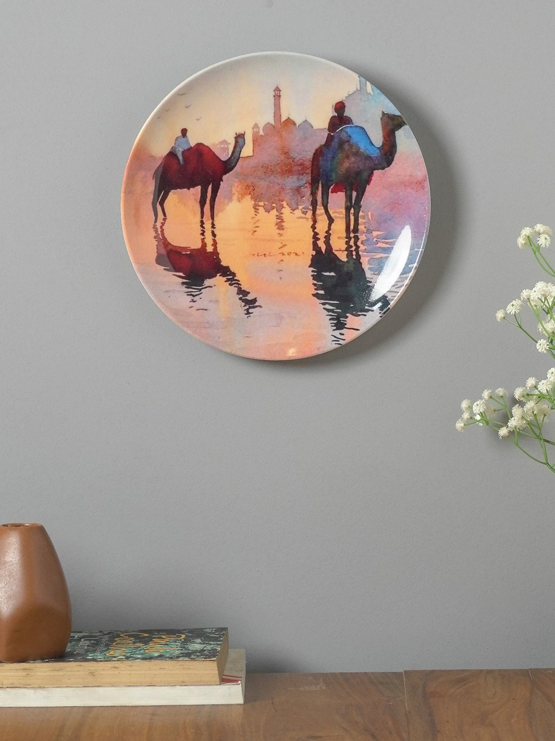 The Decor Mart Dessert Camel Ceramic Ethnic Motifs Glossy Hanging Hall Wall Plates-10.2In