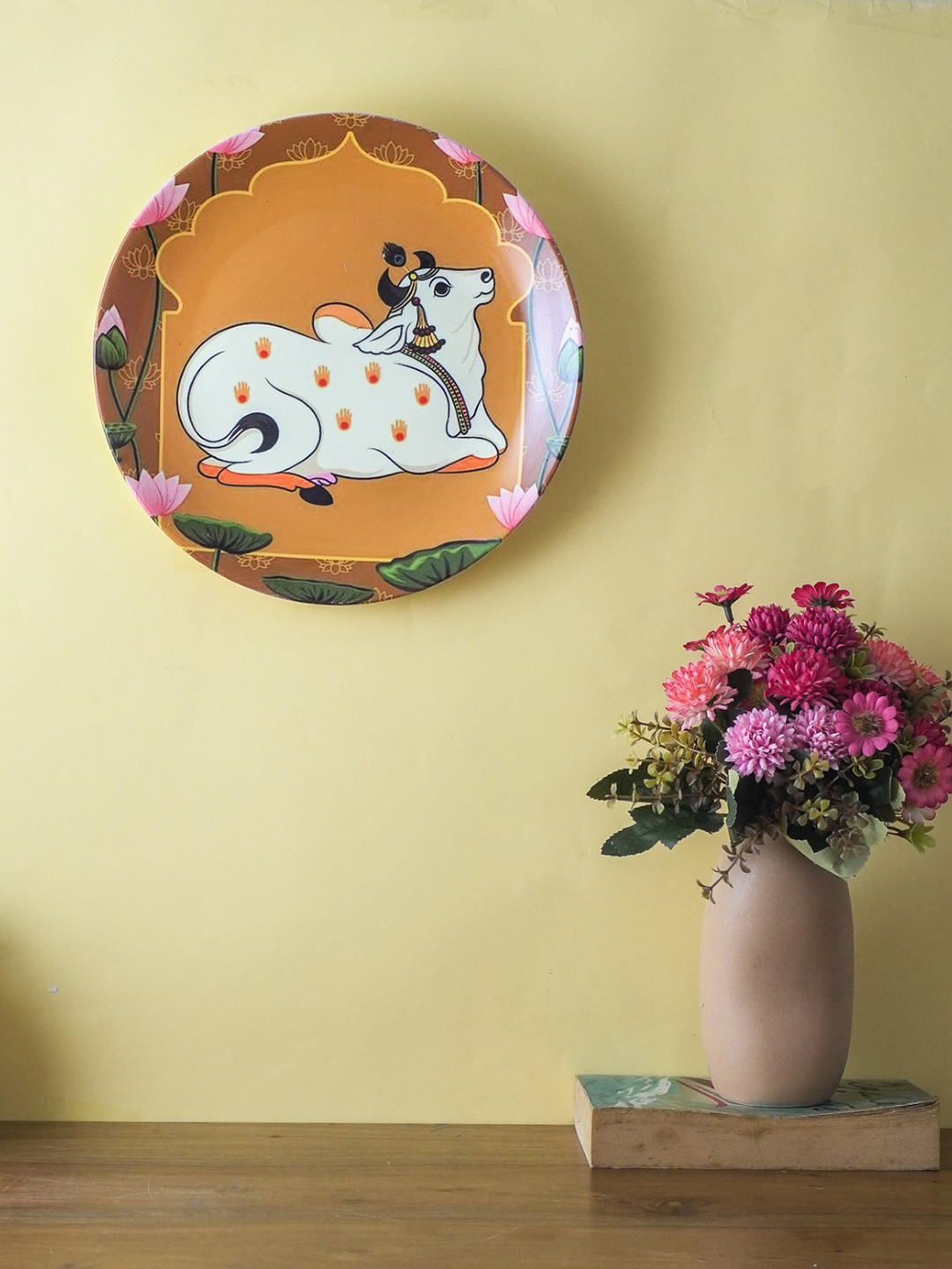 The Decor Mart Orange Cow Ceramic Floral Glossy Hanging Hall Wall Plates-10.2In