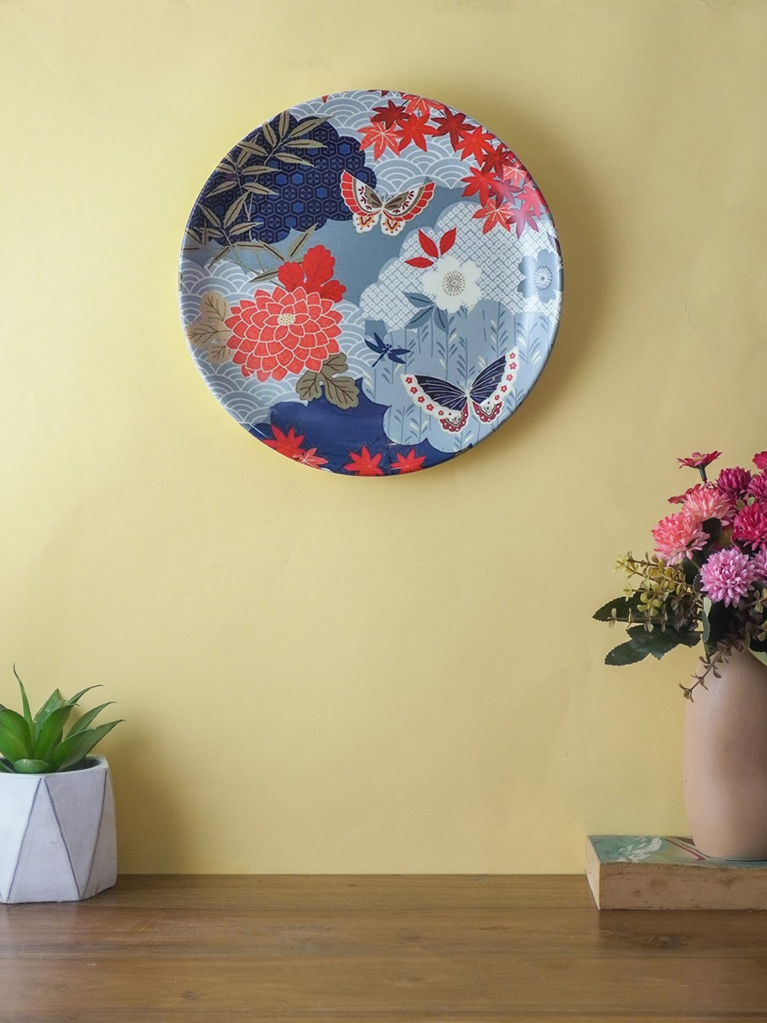 The Decor Mart Butterfly Garden Ceramic Floral Glossy Hanging Hall Wall Plates-10.2In